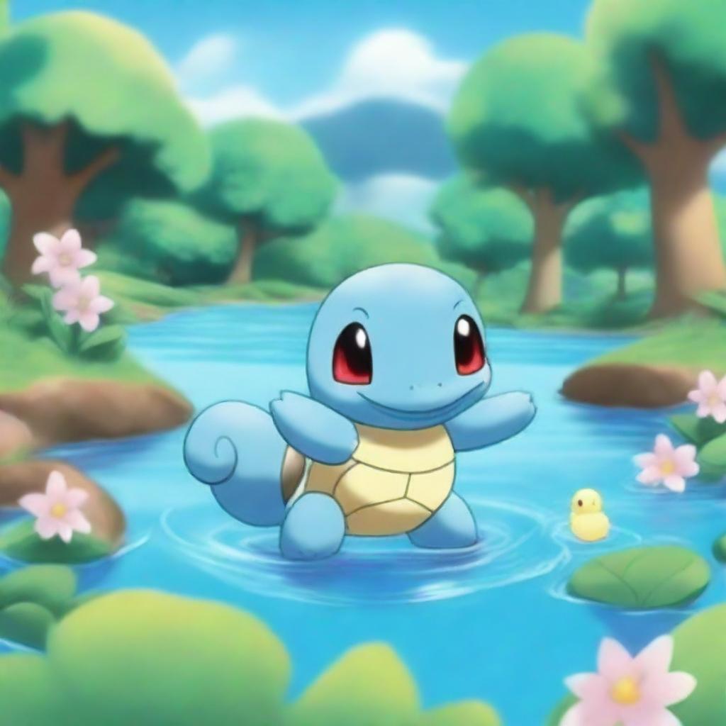 A cute and playful scene featuring Squirtle, the water-type Pokémon, splashing water playfully in a serene pond surrounded by lush greenery and flowers