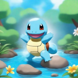 A cute and playful scene featuring Squirtle, the water-type Pokémon, splashing water playfully in a serene pond surrounded by lush greenery and flowers