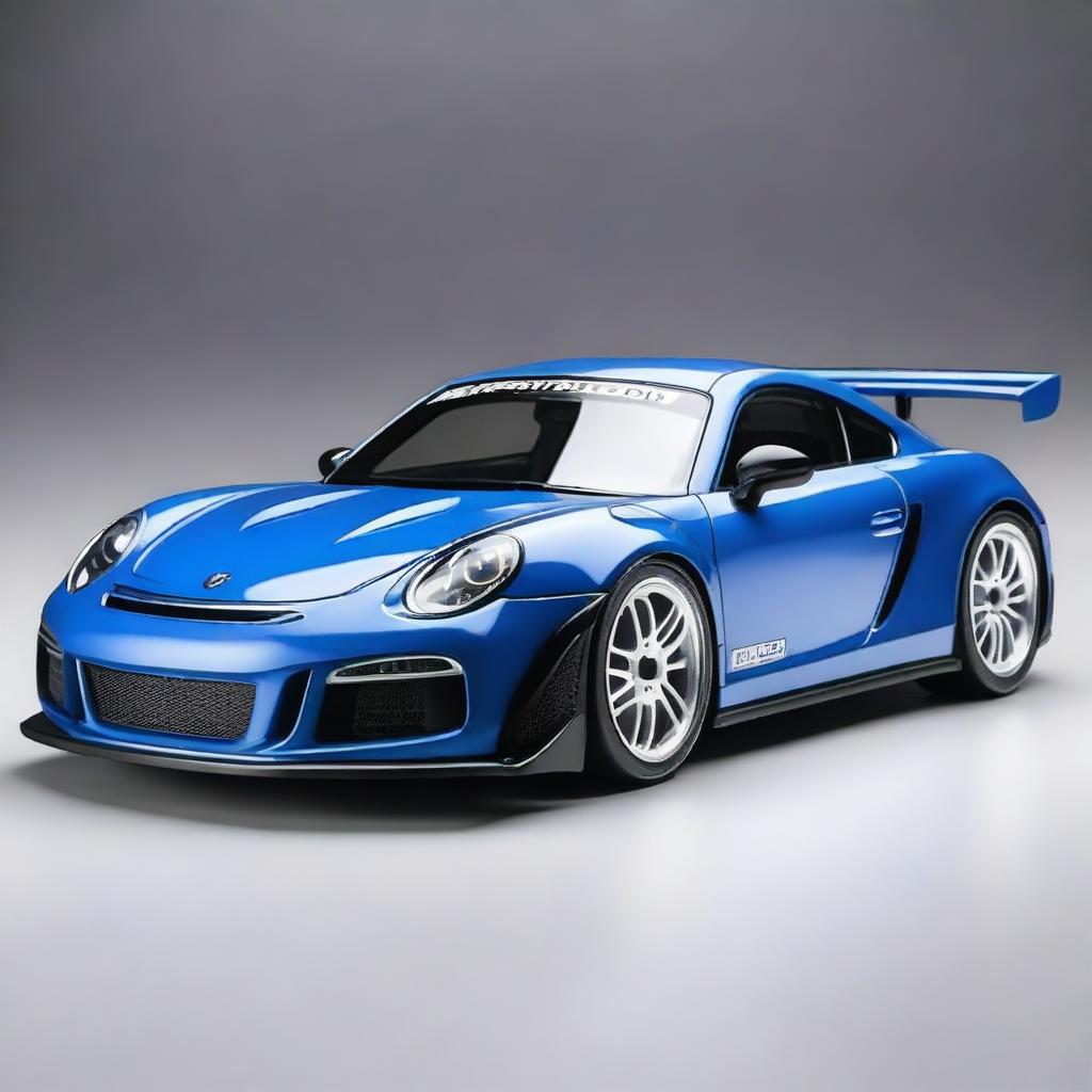 Create a detailed design of a Tamiya TT-02 911 GT3 model car in a striking blue color with black and white accents