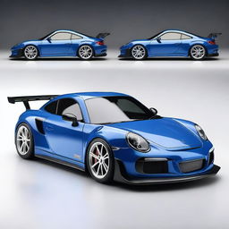 Create a detailed design of a Tamiya TT-02 911 GT3 model car in a striking blue color with black and white accents