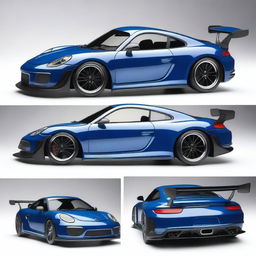 Create a detailed design of a Tamiya TT-02 911 GT3 model car in a striking blue color with black and white accents