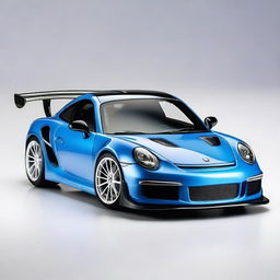 Create a detailed design of a Tamiya TT-02 911 GT3 model car in a striking blue color with black and white accents