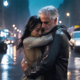 A silver-haired 40-year-old handsome man carrying an unconscious 22-year-old black-haired girl in his arms in the rain