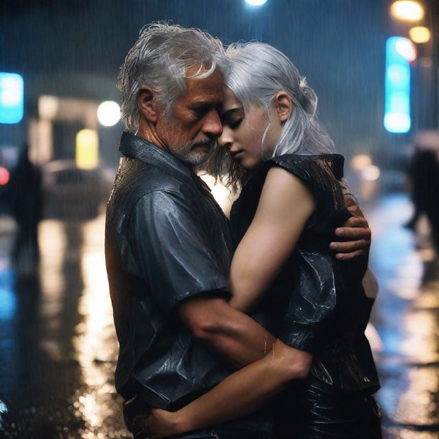 A silver-haired 40-year-old handsome man carrying an unconscious 22-year-old black-haired girl in his arms in the rain