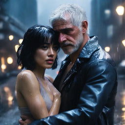 A silver-haired 40-year-old handsome man carrying an unconscious 22-year-old black-haired girl in his arms in the rain