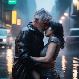 A silver-haired 40-year-old handsome man carrying an unconscious 22-year-old black-haired girl in his arms in the rain