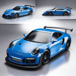 Create a detailed design of a Tamiya TT-02 911 GT3 model car in a striking blue color with extensive white accents and a touch of black