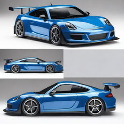 Create a detailed design of a Tamiya TT-02 911 GT3 model car in a striking blue color with extensive white accents and a touch of black