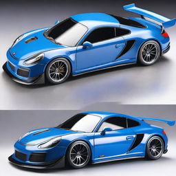 Create a detailed design of a Tamiya TT-02 911 GT3 model car in a striking blue color with extensive white accents and a touch of black