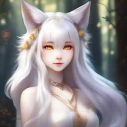 A stunning fox girl with long, flowing white hair and piercing yellow eyes