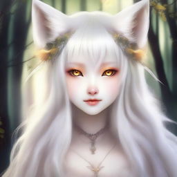 A stunning fox girl with long, flowing white hair and piercing yellow eyes