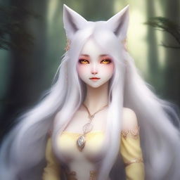 A stunning fox girl with long, flowing white hair and piercing yellow eyes