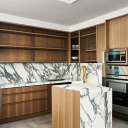 An I-shaped kitchen design with modern amenities, white marble countertops, stainless steel appliances, and sleek wooden cabinets