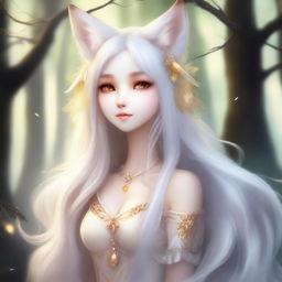 A stunning fox girl with long, flowing white hair and piercing yellow eyes