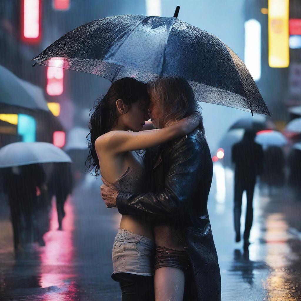 A silver-haired 40-year-old handsome man cradle carrying an unconscious 22-year-old black-haired girl with long hair in his arms in the rain