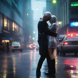 A silver-haired 40-year-old handsome man cradle carrying an unconscious 22-year-old black-haired girl with long hair in his arms in the rain