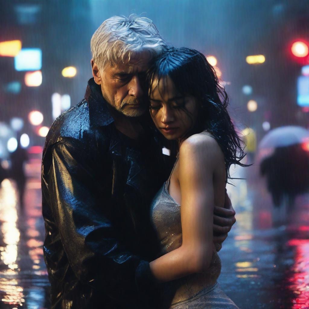 A silver-haired 40-year-old handsome man cradle carrying an unconscious 22-year-old black-haired girl with long hair in his arms in the rain