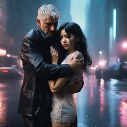 A silver-haired 40-year-old handsome man cradle carrying an unconscious 22-year-old black-haired girl with long hair in his arms in the rain