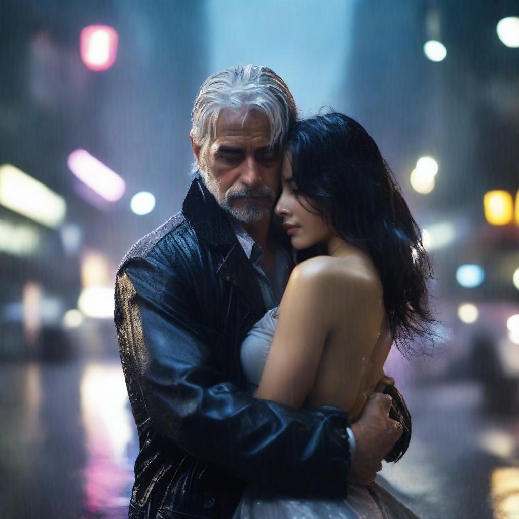 A silver-haired 40-year-old handsome man cradle carrying a 22-year-old black-haired girl with long hair in his arms in the rain