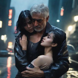 A silver-haired 40-year-old handsome man cradle carrying a 22-year-old black-haired girl with long hair in his arms in the rain