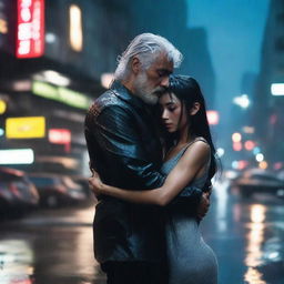 A silver-haired 40-year-old handsome man cradle carrying a 22-year-old black-haired girl with long hair in his arms in the rain