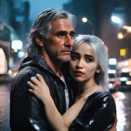 A silver-haired 40-year-old handsome man cradle carrying a 22-year-old black-haired girl with long hair in his arms in the rain