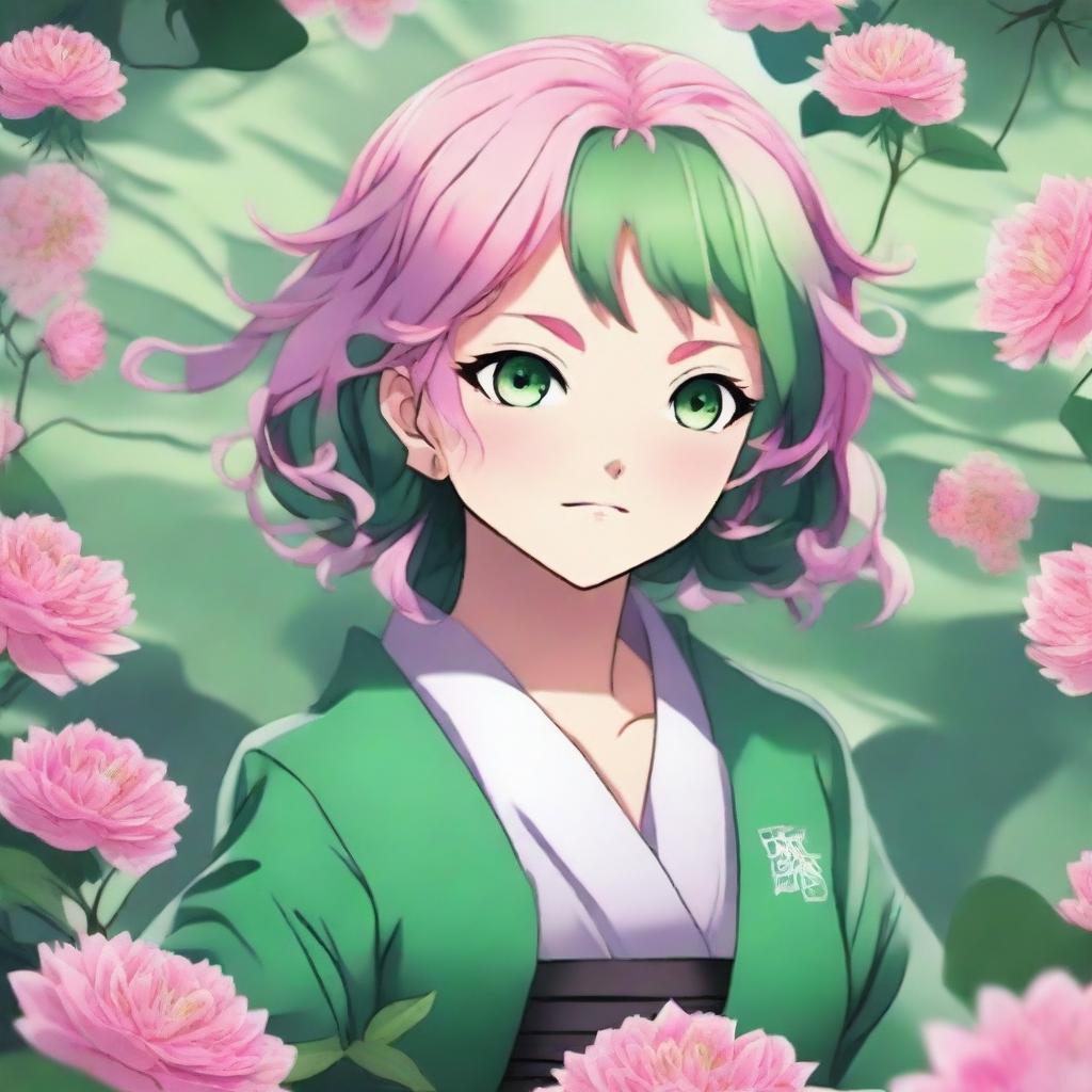 A detailed and vibrant illustration of Mitsuri Kanroji from Demon Slayer, showcasing her distinctive pink and green hair, heart-shaped pupils, and her Love Breathing combat style