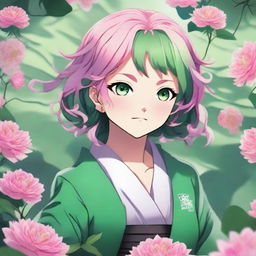 A detailed and vibrant illustration of Mitsuri Kanroji from Demon Slayer, showcasing her distinctive pink and green hair, heart-shaped pupils, and her Love Breathing combat style