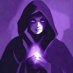 A smiling figure obscured in a shadowy purple cloak with glowing lilac eyes