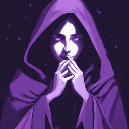 A smiling figure obscured in a shadowy purple cloak with glowing lilac eyes