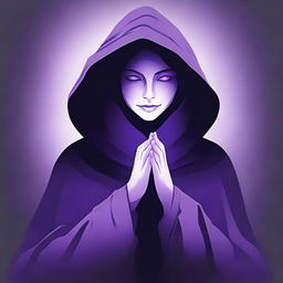 A smiling figure obscured in a shadowy purple cloak with glowing lilac eyes