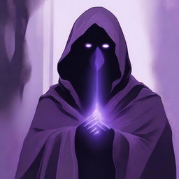 A smiling figure obscured in a shadowy purple cloak with glowing lilac eyes