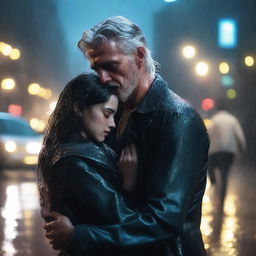 A silver-haired 40-year-old handsome man holding a fainted 22-year-old black-haired girl with long hair in his arms in the rain