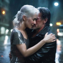 A silver-haired 40-year-old handsome man holding a fainted 22-year-old black-haired girl with long hair in his arms in the rain