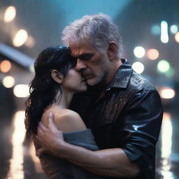 A silver-haired 40-year-old handsome man holding a fainted 22-year-old black-haired girl with long hair in his arms in the rain