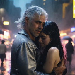 A silver-haired 40-year-old handsome man holding a fainted 22-year-old black-haired girl with long hair in his arms in the rain