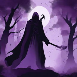 A beautiful silhouette in a shadowy purple cloak with glowing lilac eyes holding an ornate scythe