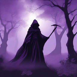 A beautiful silhouette in a shadowy purple cloak with glowing lilac eyes holding an ornate scythe