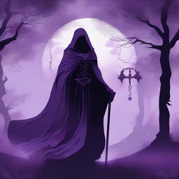 A beautiful silhouette in a shadowy purple cloak with glowing lilac eyes holding an ornate scythe