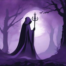 A beautiful silhouette in a shadowy purple cloak with glowing lilac eyes holding an ornate scythe