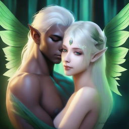 Create an image of a winged male half Drow, half Sapphire Dragon Monk embracing a shirtless female half elf, half dryad