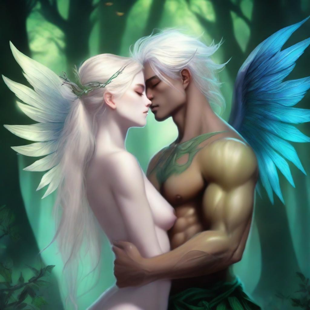 Create an image of a winged male half Drow, half Sapphire Dragon Monk embracing a shirtless female half elf, half dryad