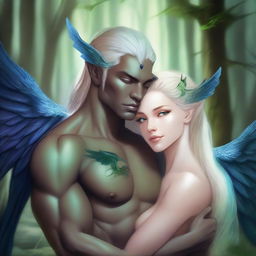 Create an image of a winged male half Drow, half Sapphire Dragon Monk embracing a shirtless female half elf, half dryad