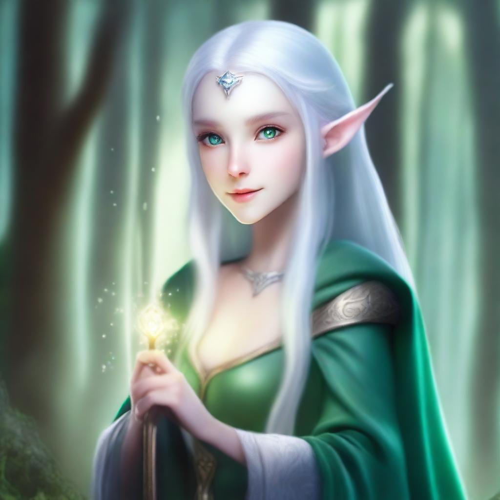 A light blue-skinned elf with white hair and green eyes, holding a bow