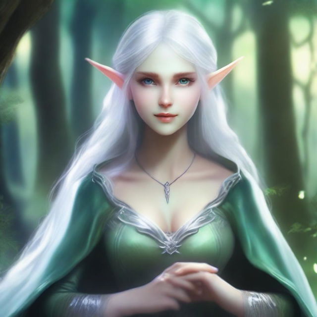 A light blue-skinned elf with white hair and green eyes, holding a bow