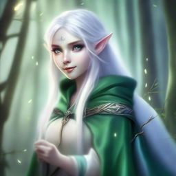 A light blue-skinned elf with white hair and green eyes, holding a bow