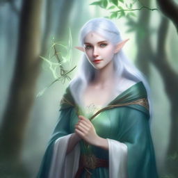 A light blue-skinned elf with white hair and green eyes, holding a bow