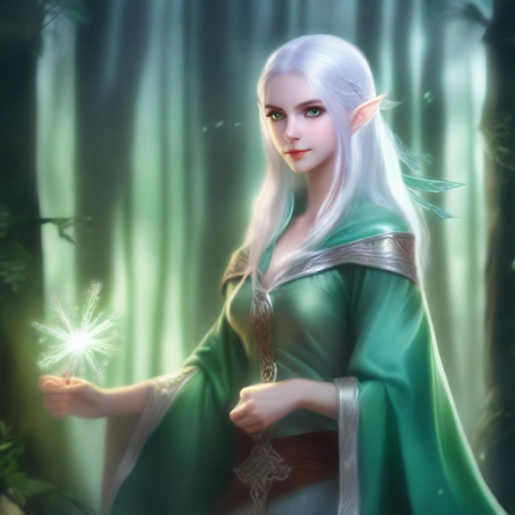 A light blue-skinned elf with white hair and green eyes, holding a bow