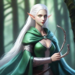 A light blue-skinned elf with white hair and green eyes, holding a bow