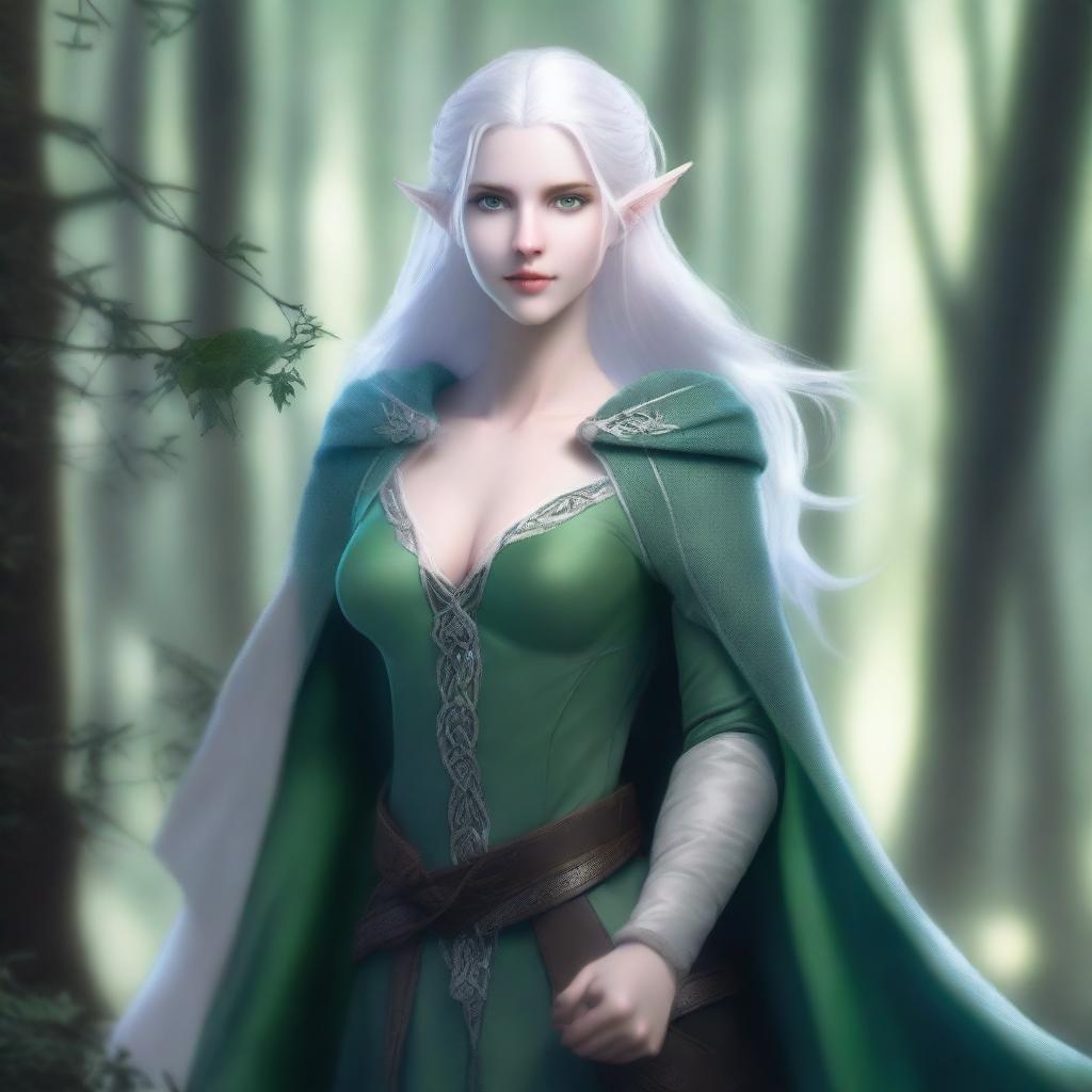 A light blue-skinned elf with white hair and green eyes, holding a bow